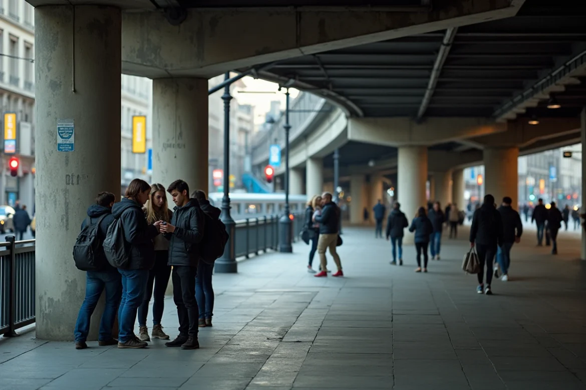 Un groupe de jeunes adultes sous un passage urbain en béton à Lille, avec des structures d'après-guerre et une ligne de tramway visible en arrière-plan