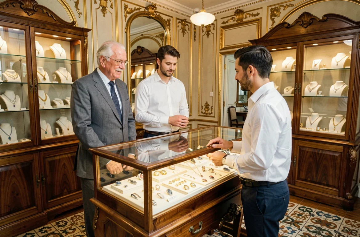 Deux générations de joailliers chez Louis Julian et Fils accueillant un client dans leur boutique de style Belle Époque