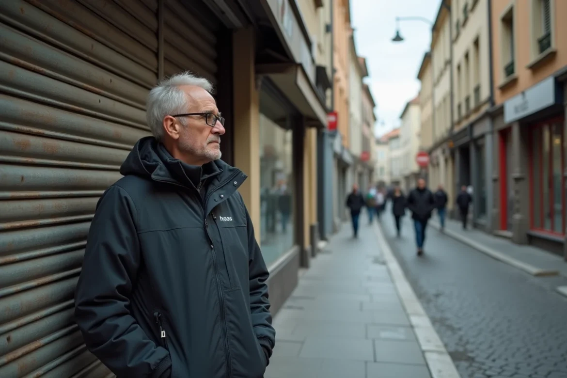 Un commerçant ferme la devanture de sa boutique dans une rue lyonnaise, avec des passages en pierre et des façades commerciales modernes en arrière-plan