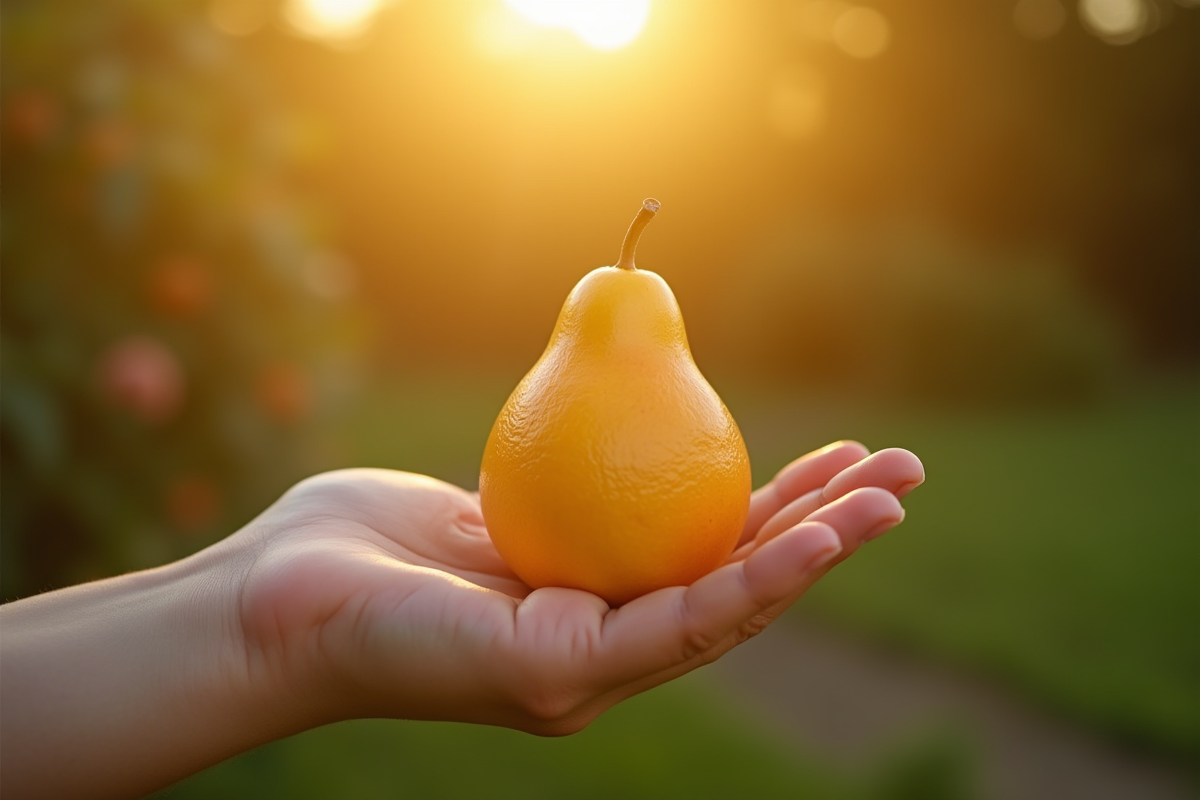 Main tenant un fruit Tshape frais dans un jardin ensoleille