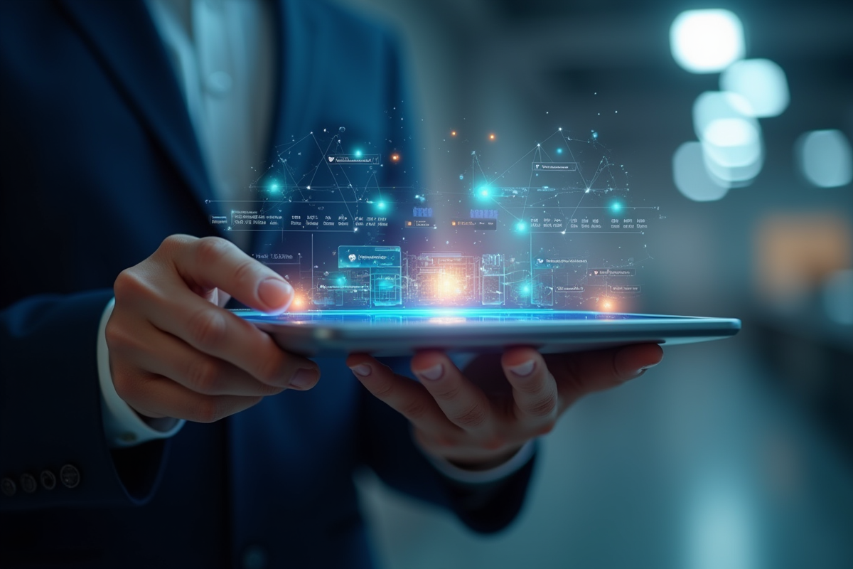 Mains tenant une tablette blockchain avec workflow holographique lumineux