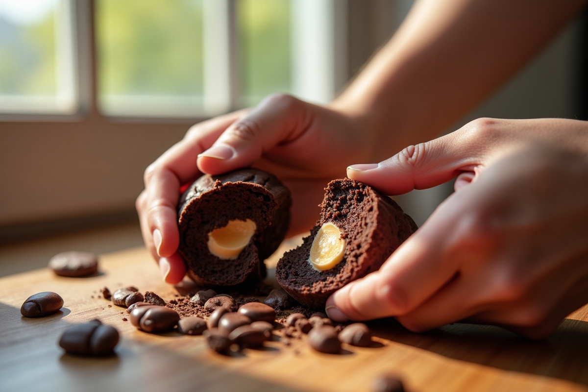 Mains cassant un craquelin chocolat fondant