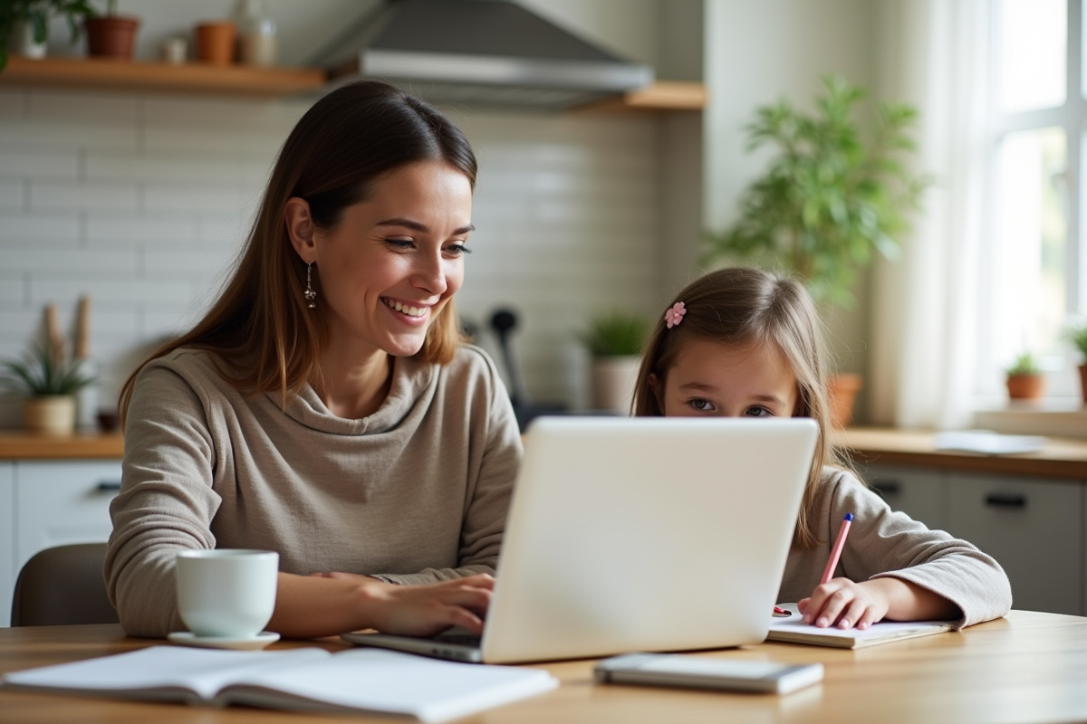 Maman cherchant des services de garde en ligne à la cuisine avec sa fille