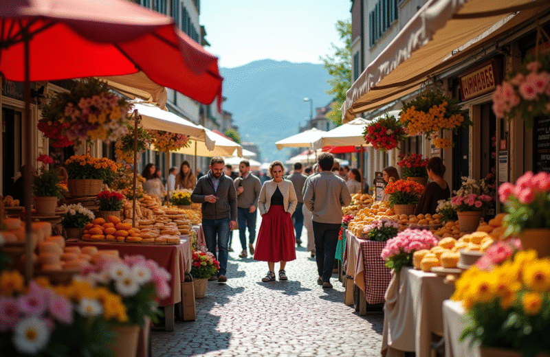 Marché traditionnel animé à Genève avec étals colorés et lac en fond