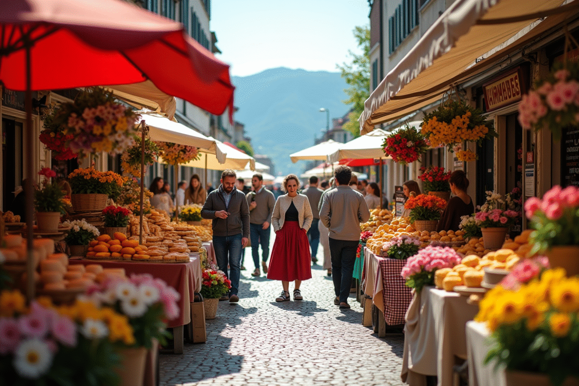 Marché traditionnel animé à Genève avec étals colorés et lac en fond