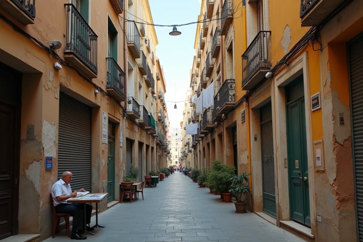 Une ruelle étroite du quartier du Panier à Marseille avec des façades colorées décrépites, du linge étendu et un homme âgé devant un café fermé