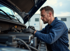 Mécanicien inspectant le moteur d'un camion en plein jour