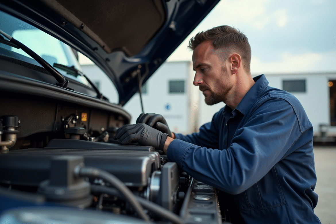 Mécanicien inspectant le moteur d'un camion en plein jour