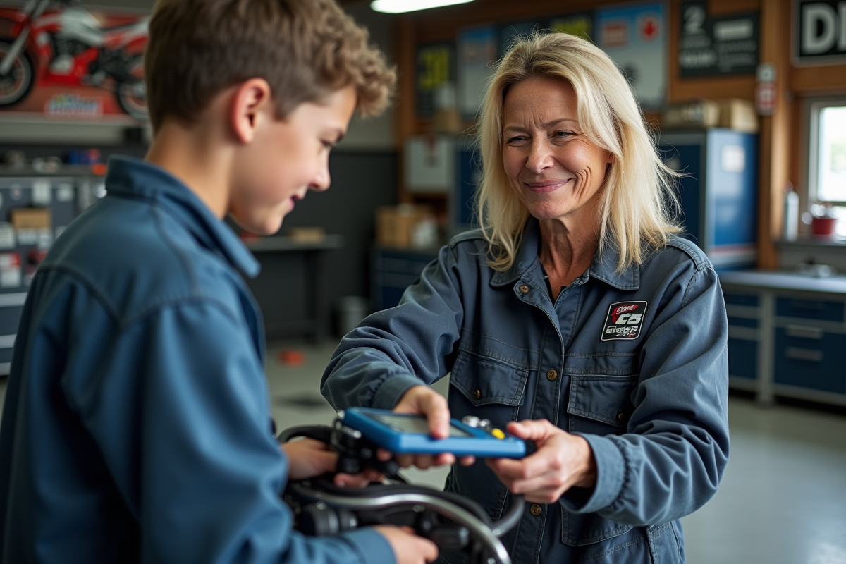 Femme mécanicienne motocross montrant un diagnostic à un adolescent