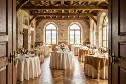 Intérieur d'une salle de réception élégante dans le Grand Est, prête pour un événement festif