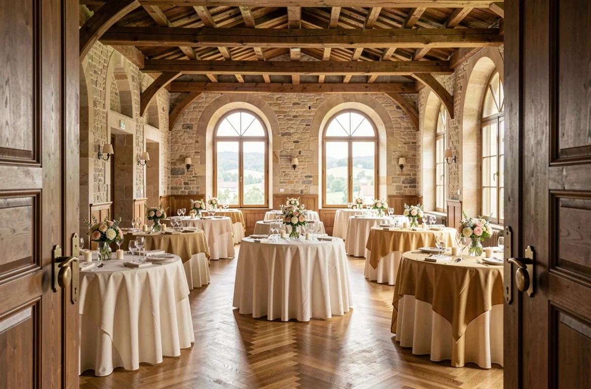 Intérieur d'une salle de réception élégante dans le Grand Est, prête pour un événement festif