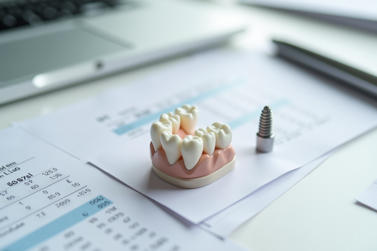 Modèle dentaire et implant sur un bureau blanc avec notes