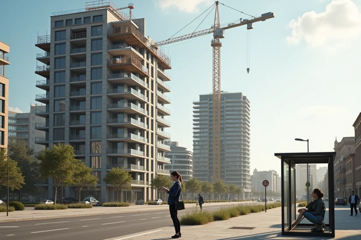 Une femme attend un bus dans un nouveau quartier résidentiel de Montpellier, avec une grue de construction et des immeubles modernes en arrière-plan