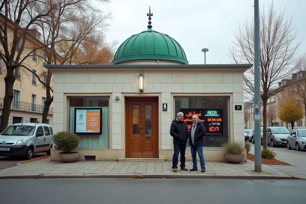 Façade d'une mosquée à Argenteuil avec panneau d'affichage des horaires de prière en français et arabe
