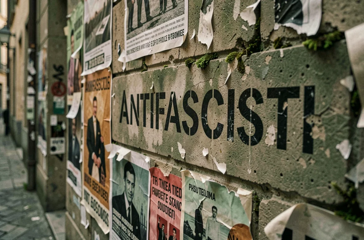 Mur urbain européen recouvert de graffitis et d'affiches militantes avec le mot antifascisti en lettres de pochoir