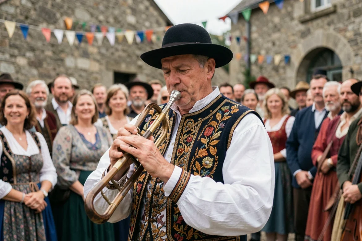 Musicien breton jouant de la bombarde en costume traditionnel lors d'un festival folk, entouré d'un public diversifié
