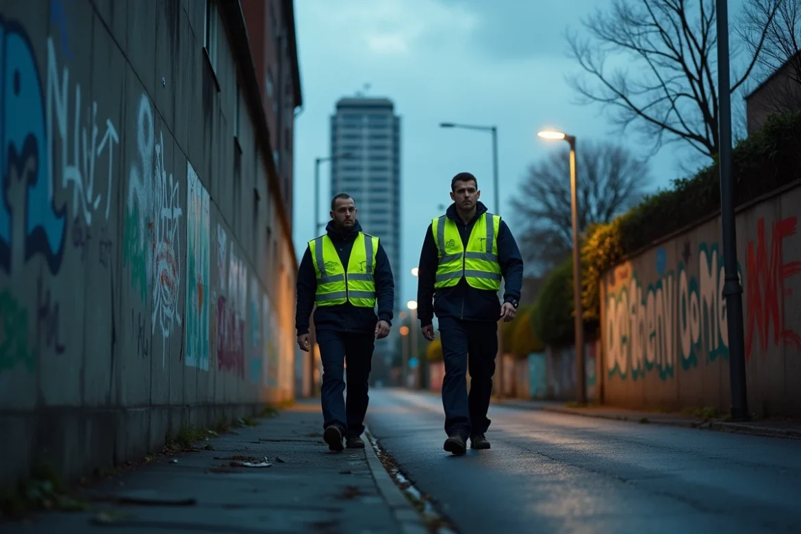 Deux agents de sécurité municipale en gilets jaunes patrouillent devant un mur tagué dans un quartier résidentiel de Nantes