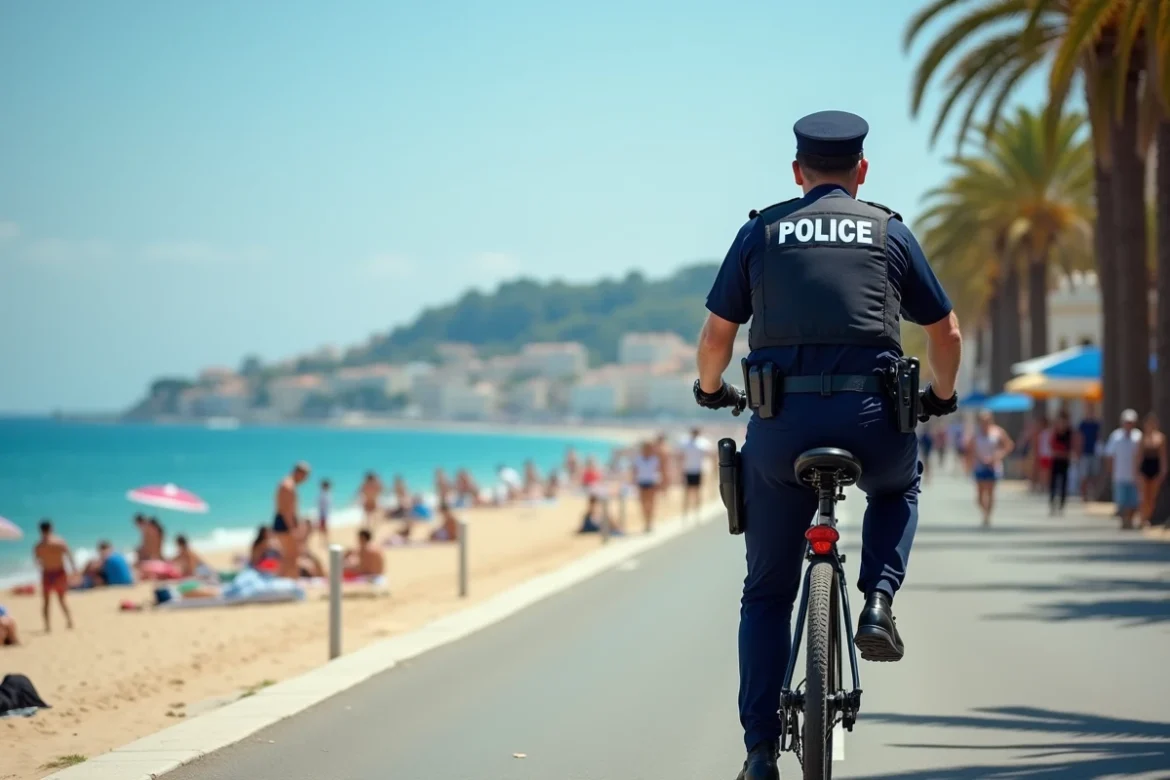 Un policier à vélo patrouille sur la promenade de Nice avec la mer Méditerranée et la plage de galets en arrière-plan