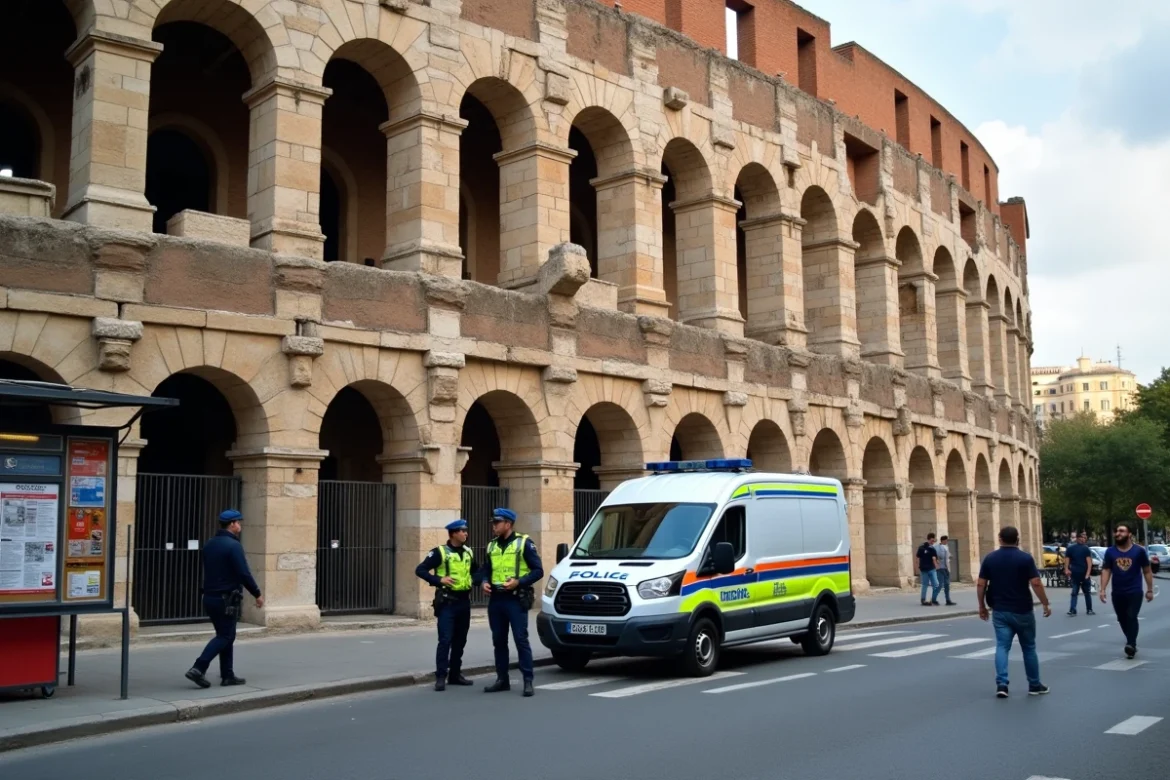 Une camionnette de police garée devant les Arènes romaines de Nîmes avec des agents en conversation et des touristes passant devant la façade en pierre antique