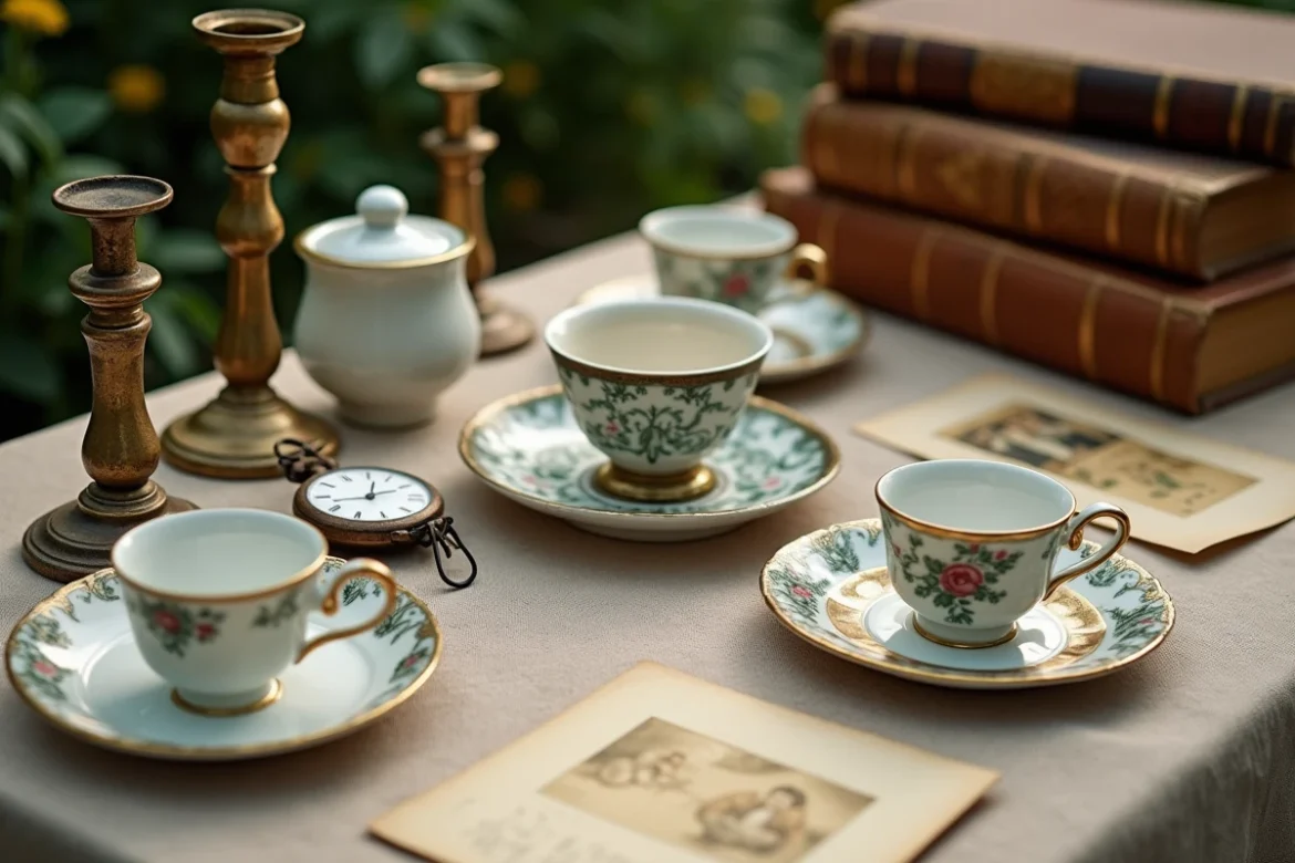 Vue rapprochée d'objets de brocante vintage disposés sur une table lors d'un marché aux puces dans les Yvelines