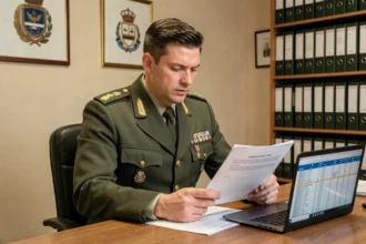 Officier de l'armée de terre en uniforme consultant sa grille indiciaire de salaire sur un bureau militaire