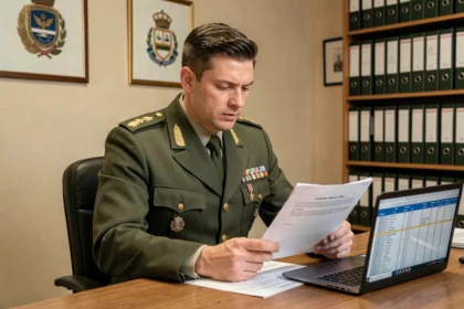 Officier de l'armée de terre en uniforme consultant sa grille indiciaire de salaire sur un bureau militaire