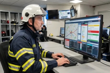 Officier pompier consultant le logiciel IRIS sur un poste de commandement opérationnel dans un centre de coordination de caserne