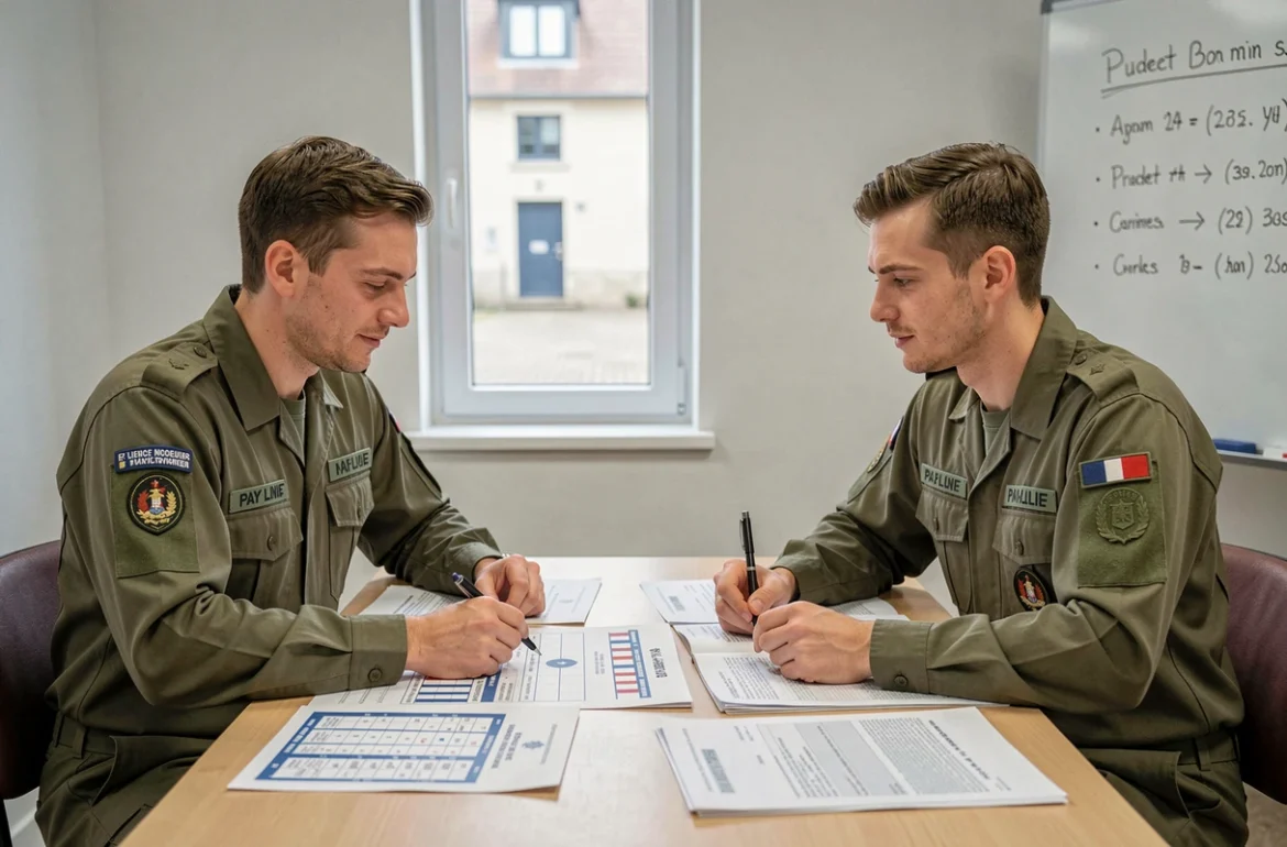 Deux officiers de l'armée de terre analysant ensemble la grille indiciaire et les primes de rémunération militaire