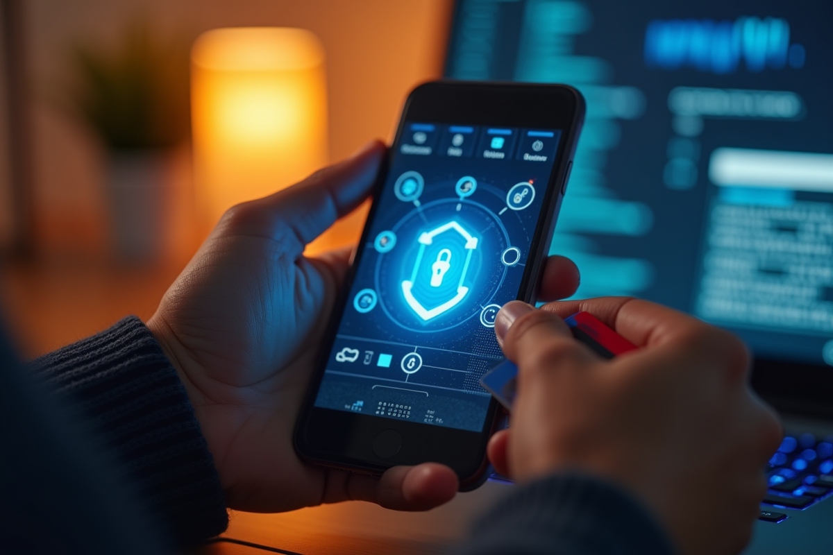 Deux mains tenant un smartphone et une carte bancaire avec icons de securite