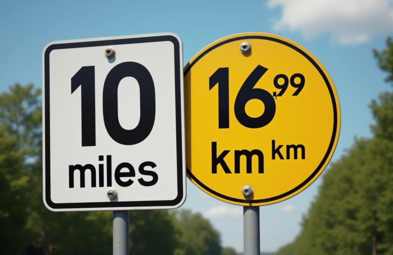 Panneau routier indiquant 10 miles et 16 09 km en gros caractères