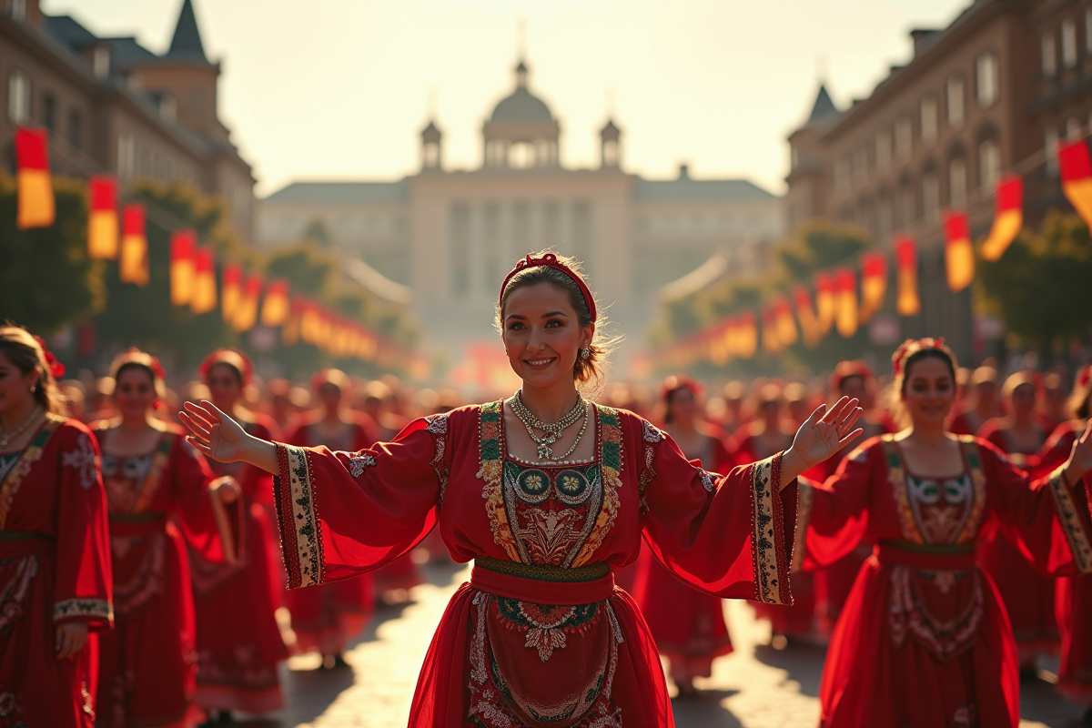 Défilé folklorique en Géorgie avec danseurs en costumes colorés