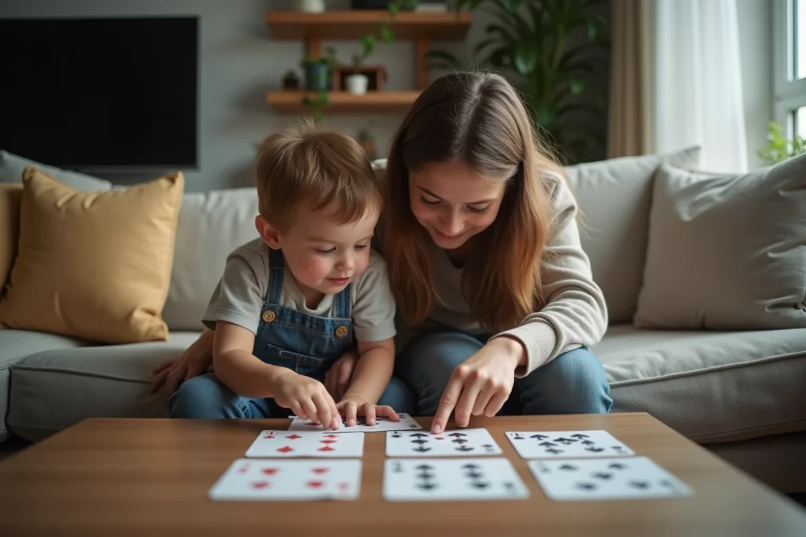 Un parent expliquant les règles de la belote à un enfant sur un canapé avec des cartes à jouer étalées sur la table basse