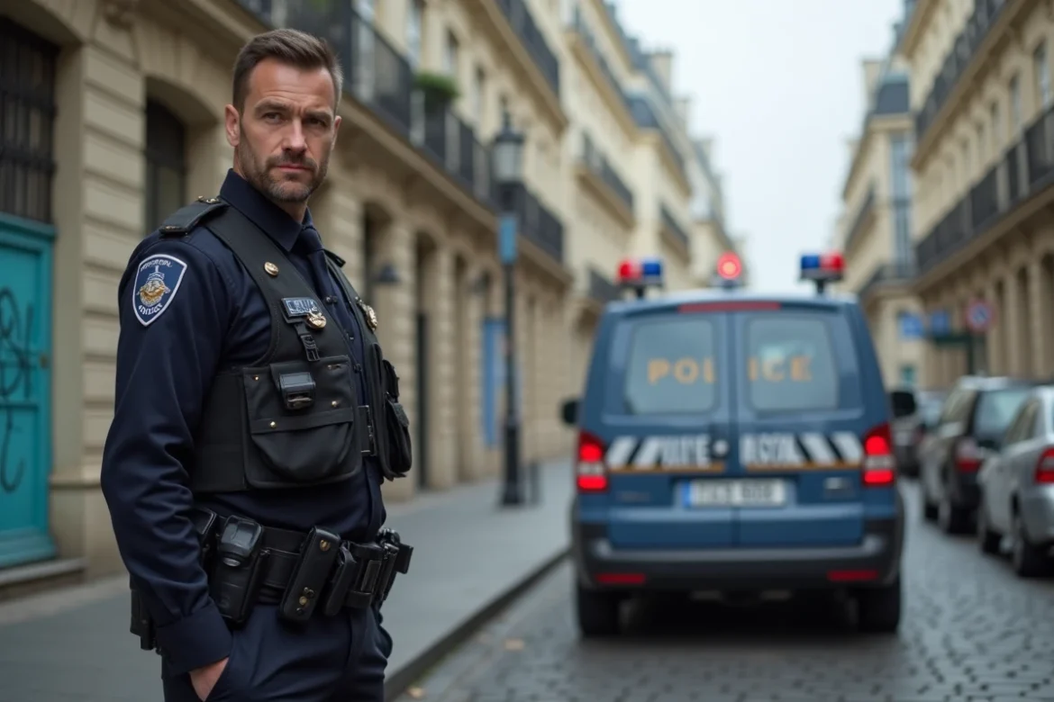 Un policier en uniforme patrouille dans une rue dense du centre de Paris, avec des façades haussmanniennes en arrière-plan