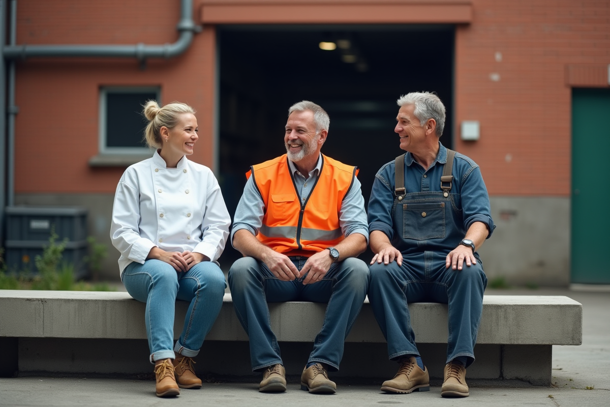 Travailleurs en pause dans une cour industrielle