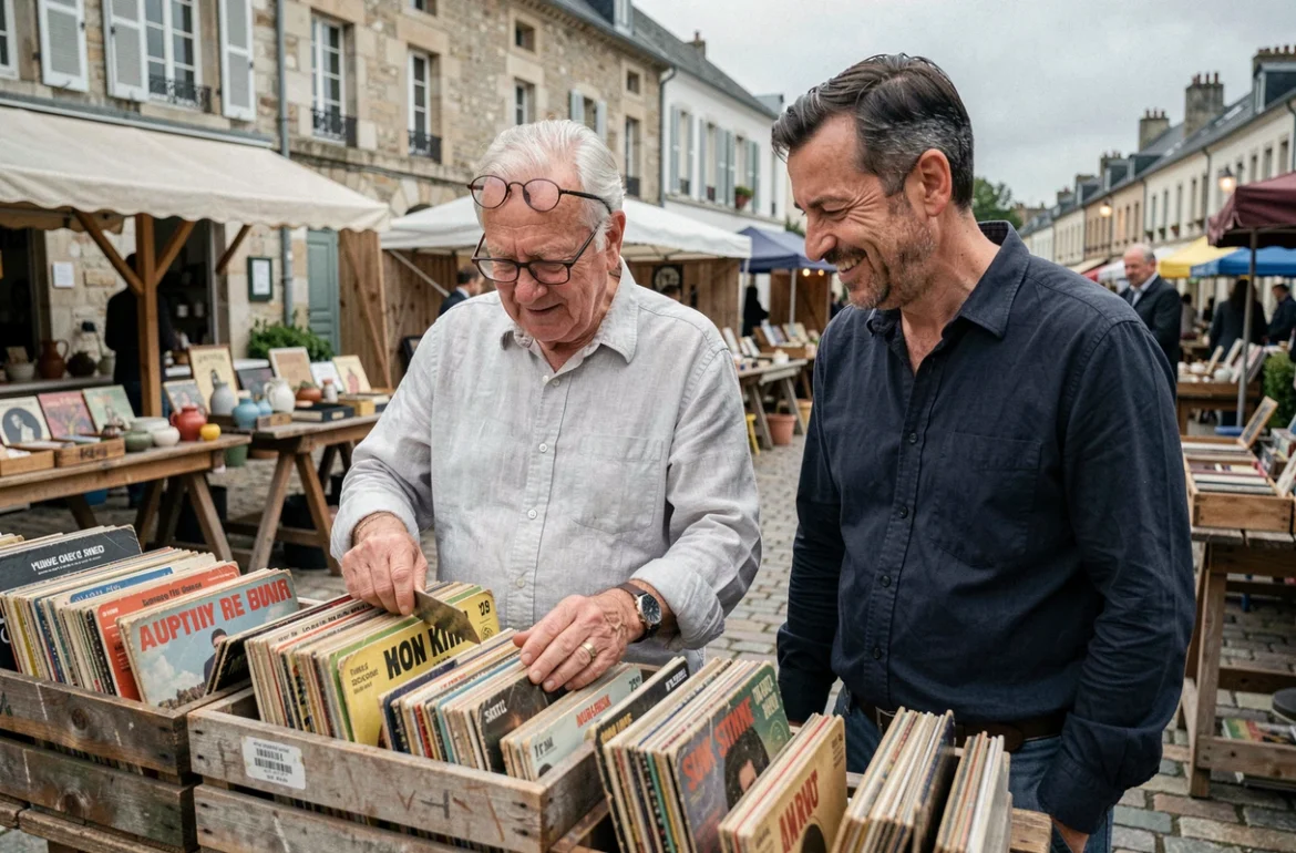 Père âgé et son fils adulte feuilletant des disques 45 tours vintage sur un marché aux puces français en plein air