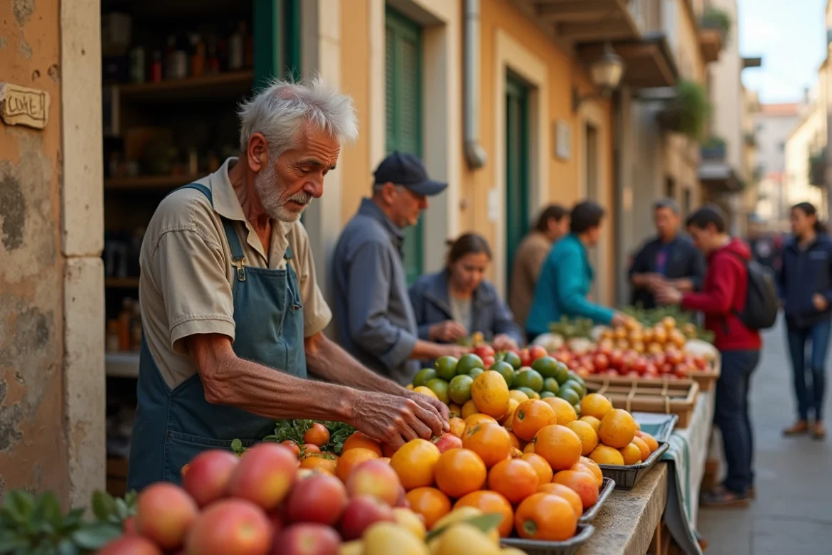 Un vendeur âgé arrange ses fruits sur un étal de marché dans un quartier populaire de Perpignan avec des bâtiments aux volets décrépits en arrière-plan