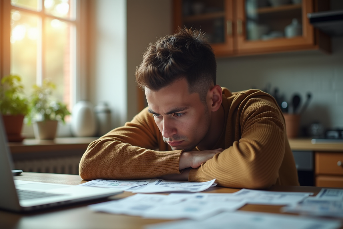 Personne pensive à la table avec factures et ordinateur le matin