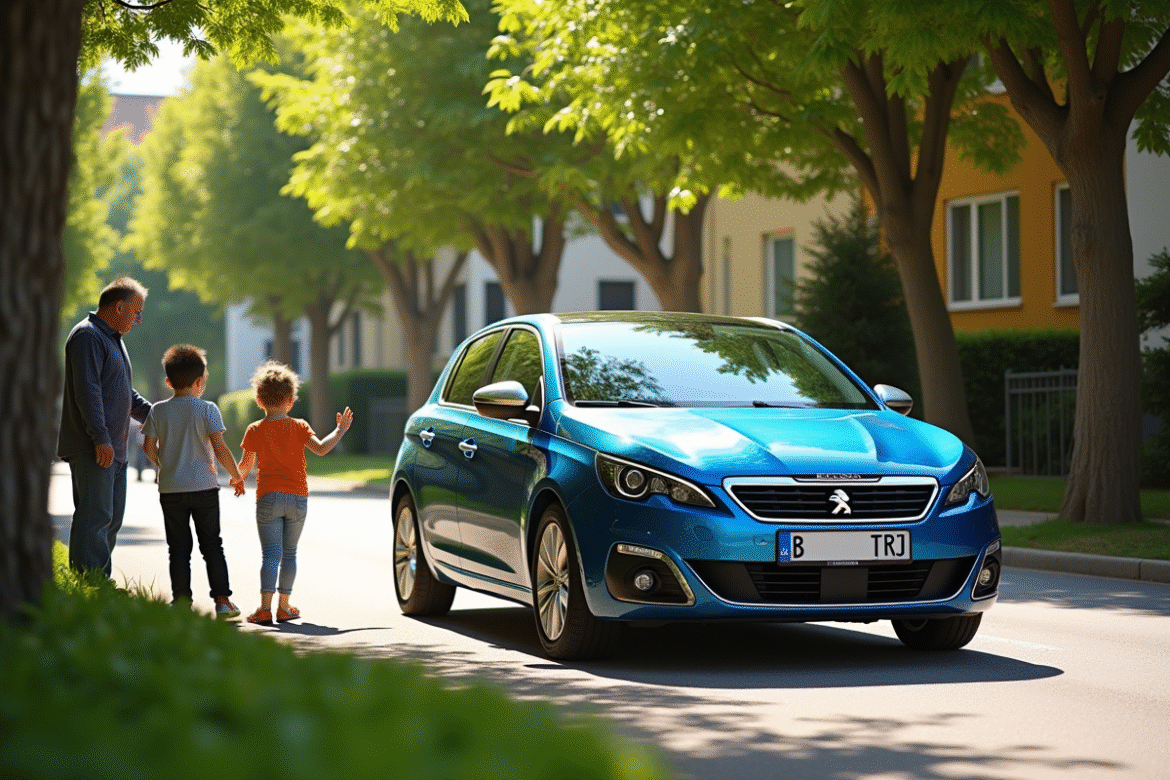 Peugeot 308 bleue en extérieur dans un quartier résidentiel