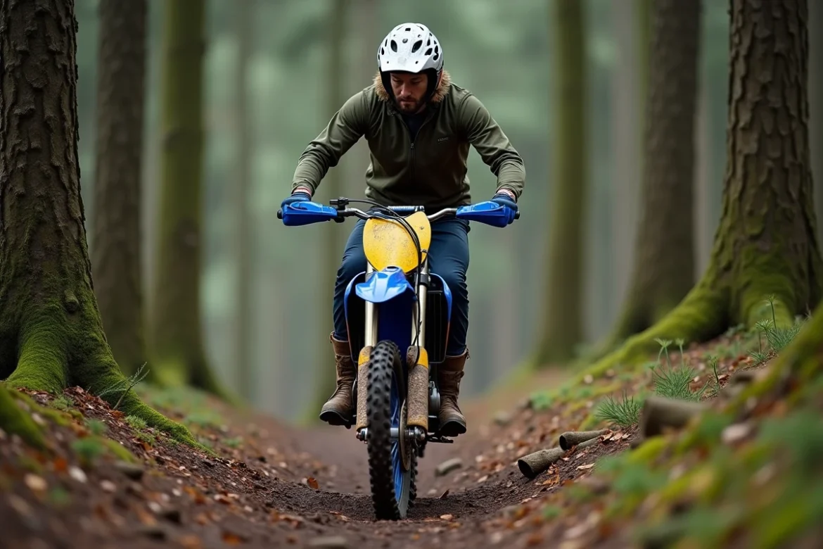 Pilote d'enduro adulte poussant sa moto dans un sentier forestier boueux et étroit