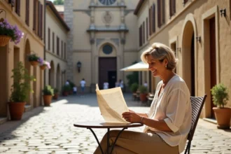 Femme consultant une carte sur une place médiévale pavée d'Eauze avec la cathédrale romane en arrière-plan