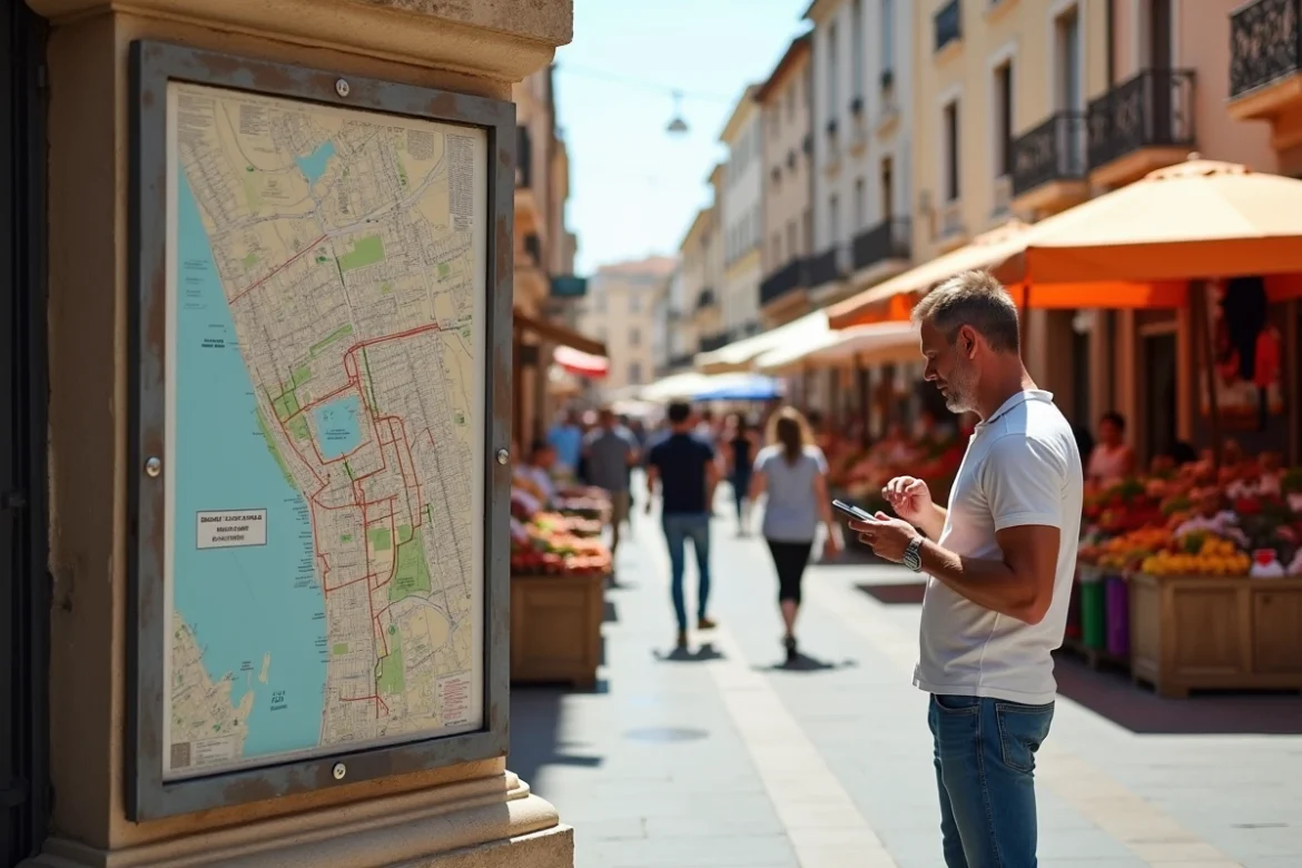 Homme consultant un panneau de plan d'arrondissement sur la place du marché Noailles à Marseille