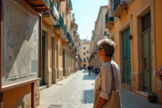 Femme consultant un plan de quartier dans les ruelles historiques du Panier à Marseille