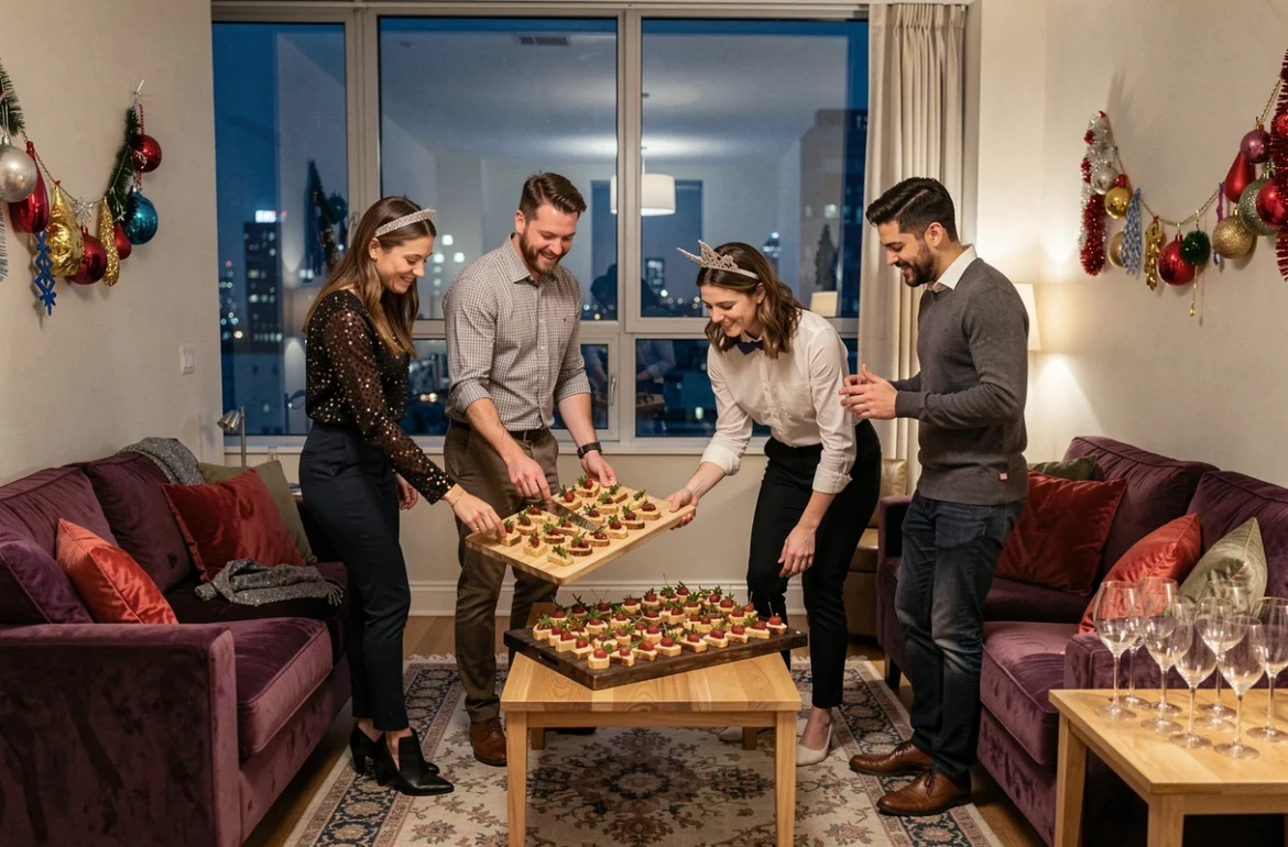 Groupe de personnes préparant une soirée du Nouvel An dans un salon décoré avec vue sur une ville la nuit