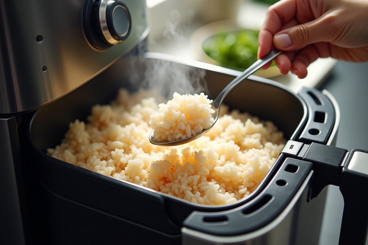 Riz cuit dans une friteuse avec une cuillère prête à servir