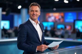 Présentateur de journal télévisé en costume marine derrière un bureau de studio moderne avec écrans de diffusion en arrière-plan