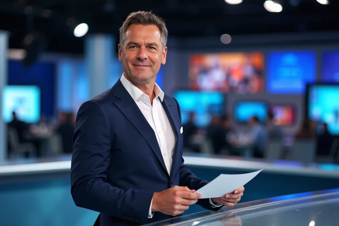 Présentateur de journal télévisé en costume marine derrière un bureau de studio moderne avec écrans de diffusion en arrière-plan