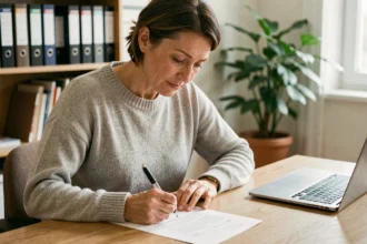 Femme rédigeant un courrier administratif officiel à son bureau à domicile
