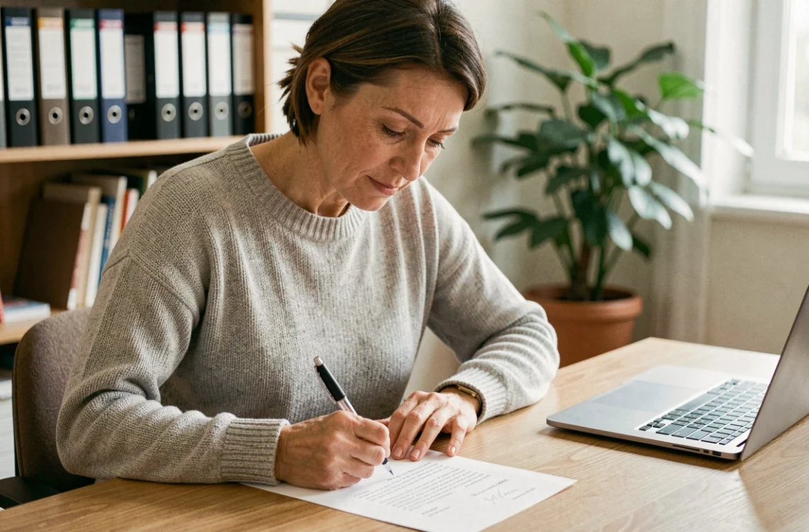 Femme rédigeant un courrier administratif officiel à son bureau à domicile