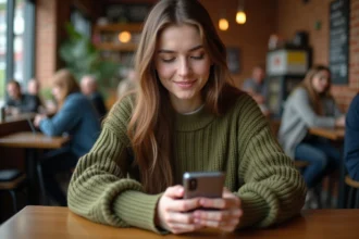 Jeune femme consultant anonymement une story Instagram sur son smartphone dans un café urbain