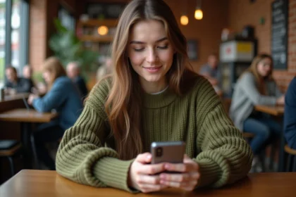 Jeune femme consultant anonymement une story Instagram sur son smartphone dans un café urbain